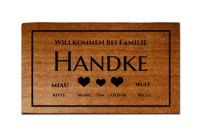 Personalisierte Fußmatte Familie 3 Personen Haushalt mit / ohne Haustiere,  40 x 70 cm, Kokosfaser-Fußmatte gelasert