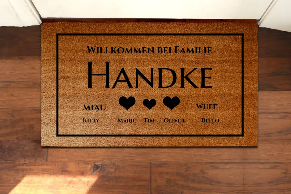 Personalisierte Fußmatte Familie 3 Personen Haushalt mit / ohne Haustiere,  40 x 70 cm, Kokosfaser-Fußmatte gelasert
