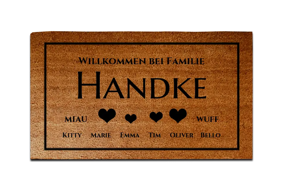 Personalisierte Fußmatte Familie 4 Personen Haushalt mit / ohne Haustiere,  40 x 70 cm, Kokosfaser-Fußmatte gelasert