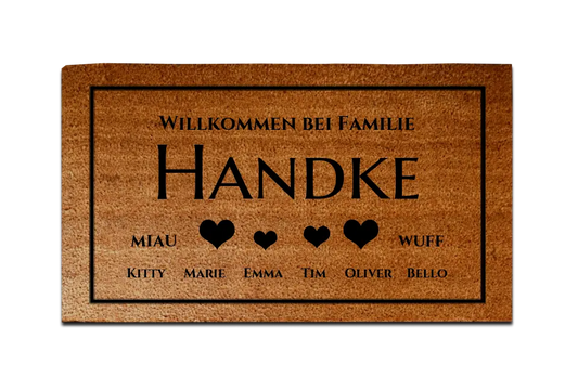 Personalisierte Fußmatte Familie 4 Personen Haushalt mit / ohne Haustiere,  40 x 70 cm, Kokosfaser-Fußmatte gelasert