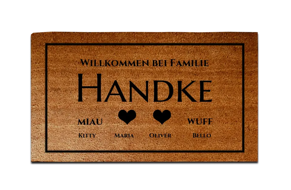 Personalisierte Fußmatte Familie 2 Personen Haushalt mit / ohne Haustiere,  40 x 70 cm, Kokosfaser-Fußmatte gelasert
