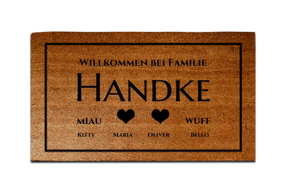 Personalisierte Fußmatte Familie 2 Personen Haushalt mit / ohne Haustiere,  40 x 70 cm, Kokosfaser-Fußmatte gelasert