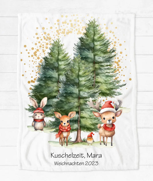 Personalisierte Kinderdecke kuschelige Weihnachtsdecke als Weihnachtsgeschenk für Babys und Kleinkinder Babydecke, Tannen Waldtiere