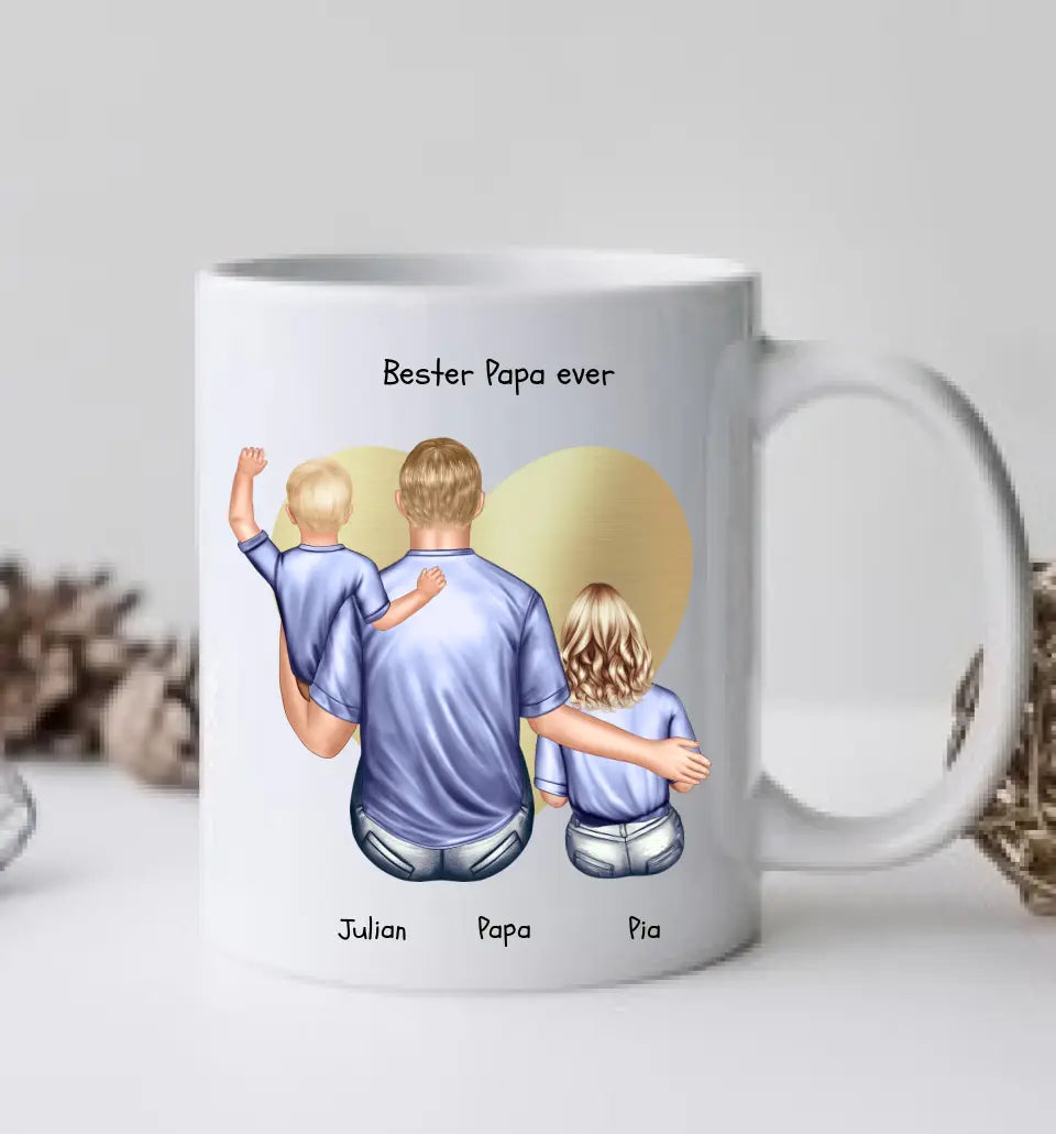 Personalisierte Tasse Familie mit 2 Kindern - Geschenk Vatertag - Geschenk Muttertag - Papa Geburtstagsgeschenk - Mama Geburtstagsgeschenk