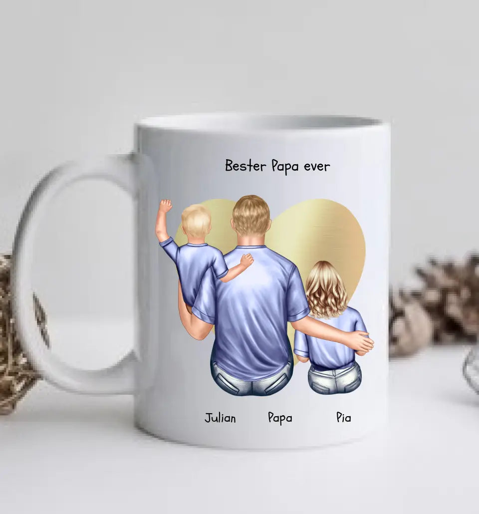 Personalisierte Tasse Familie mit 2 Kindern - Geschenk Vatertag - Geschenk Muttertag - Papa Geburtstagsgeschenk - Mama Geburtstagsgeschenk