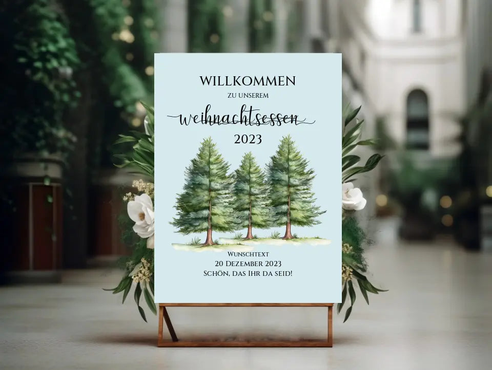 Weihnachtsschild Willkommen mit Tannenbäumen | Weihnachtsposter | Willkommensschild Weihnachten | Einladung Weihnachten Weihnachtsessen