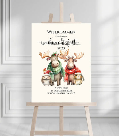 Weihnachtsposter | Willkommensschild Weihnachten | Einladung Weihnachten | Weihnachtsschild Willkommen mit Tannenbäumen und Waldtieren