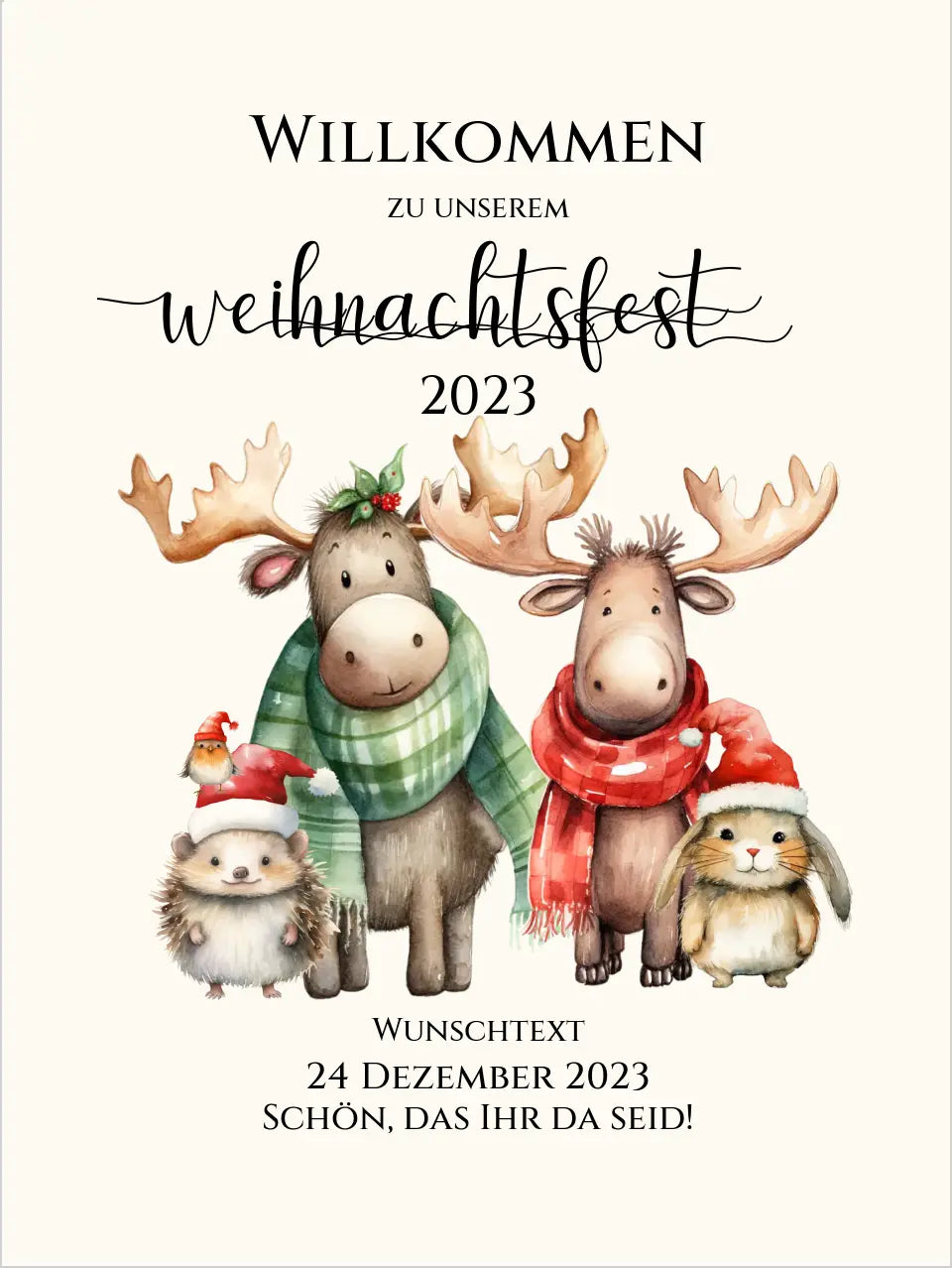 Weihnachtsposter | Willkommensschild Weihnachten | Einladung Weihnachten | Weihnachtsschild Willkommen mit Tannenbäumen und Waldtieren