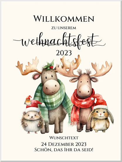 Weihnachtsposter | Willkommensschild Weihnachten | Einladung Weihnachten | Weihnachtsschild Willkommen mit Tannenbäumen und Waldtieren