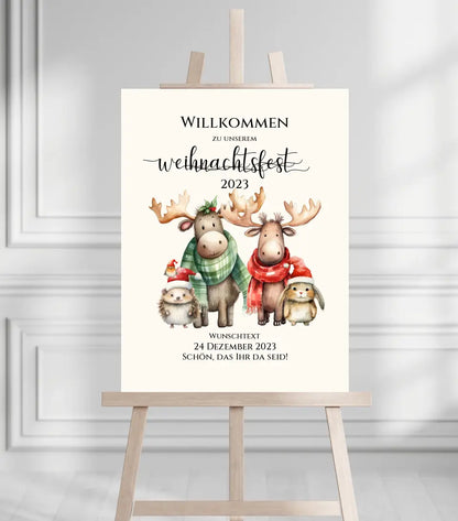 Weihnachtsposter | Willkommensschild Weihnachten | Einladung Weihnachten | Weihnachtsschild Willkommen mit Tannenbäumen und Waldtieren