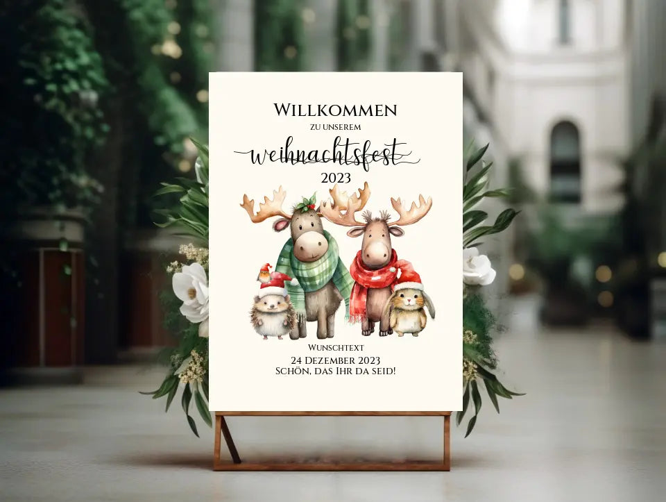 Weihnachtsposter | Willkommensschild Weihnachten | Einladung Weihnachten | Weihnachtsschild Willkommen mit Tannenbäumen und Waldtieren