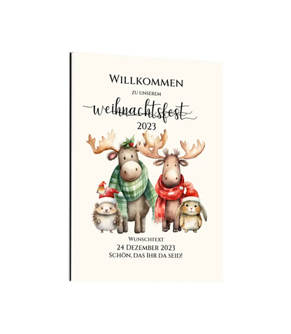 Weihnachtsposter | Willkommensschild Weihnachten | Einladung Weihnachten | Weihnachtsschild Willkommen mit Tannenbäumen und Waldtieren