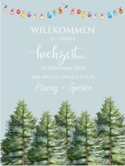 Hochzeitsschild Willkommen mit Tannenbäumen | Hochzeitsposter | Willkommensschild Hochzeit | Einladung Hochzeit | Hochzeitsempfang