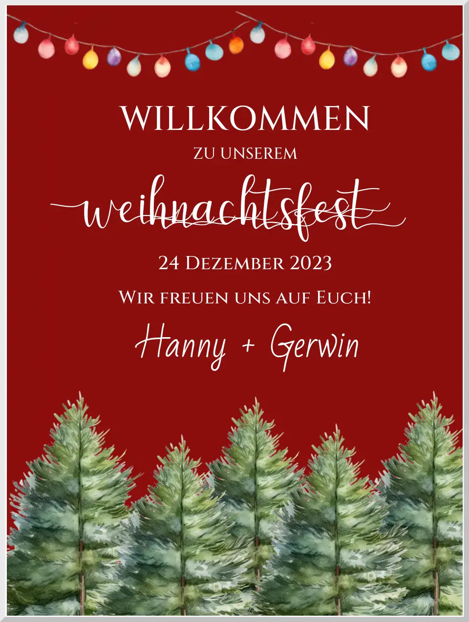 Weihnachtsschild Willkommen mit Tannenbäumen | Weihnachtsposter | Willkommensschild Weihnachten | Einladung Weihnachten | Weihnachten Einladung