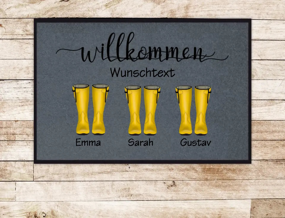 Fußmatte Gummistiefel - Personalisierte Fußmatte Geschenk Familie 3 Personen mit Wunschtext gestalten