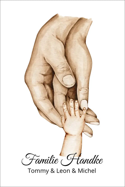 Poster Familie mit  Baby Namen und Datum | Personalisiertes Familiengeschenk als Familienposter Geschenk Geburt | Taufgeschenk mit Hände Motiv