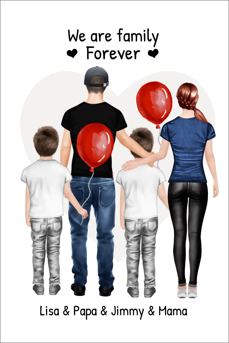 Personalisiertes Poster Familie mit 2 Kindern - Familienbild mit 2 Kindern - Personalisiertes Familienportrait - We are family