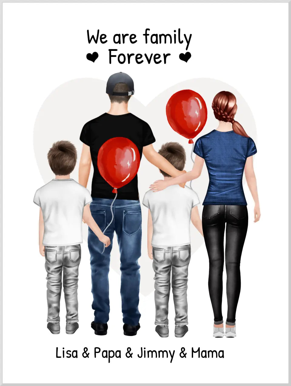 Personalisiertes Poster Familie mit 2 Kindern - Familienbild mit 2 Kindern - Personalisiertes Familienportrait - We are family