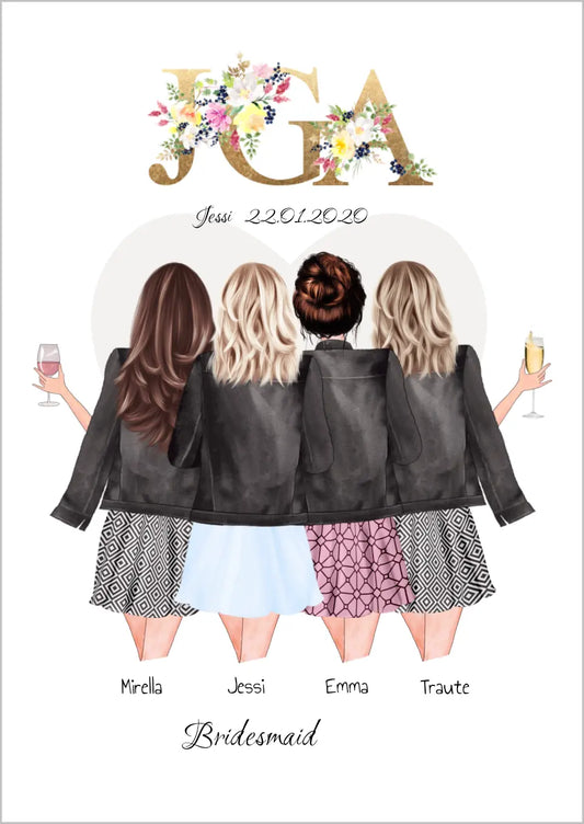 Personalisiertes Geschenk JGA Poster, Junggesellinnenabschied Freundin, Team Braut, Bridesmaids, Braut Geschenk 4 Freundinnen