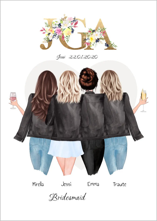 Personalisiertes Geschenk JGA Poster, Junggesellinnenabschied Freundin, Team Braut, Bridesmaids, Braut Geschenk 4 Freundinnen