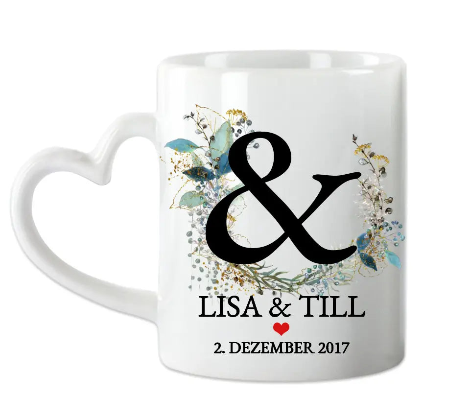 Personalisierte Hochzeitstasse Hochzeitsgeschenk Kranz Brautpaar, Kaffeebecher - Geschenk Hochzeit