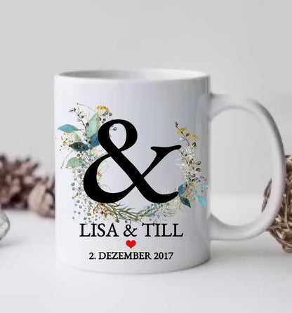 Personalisierte Hochzeitstasse Hochzeitsgeschenk Kranz Brautpaar, Kaffeebecher - Geschenk Hochzeit