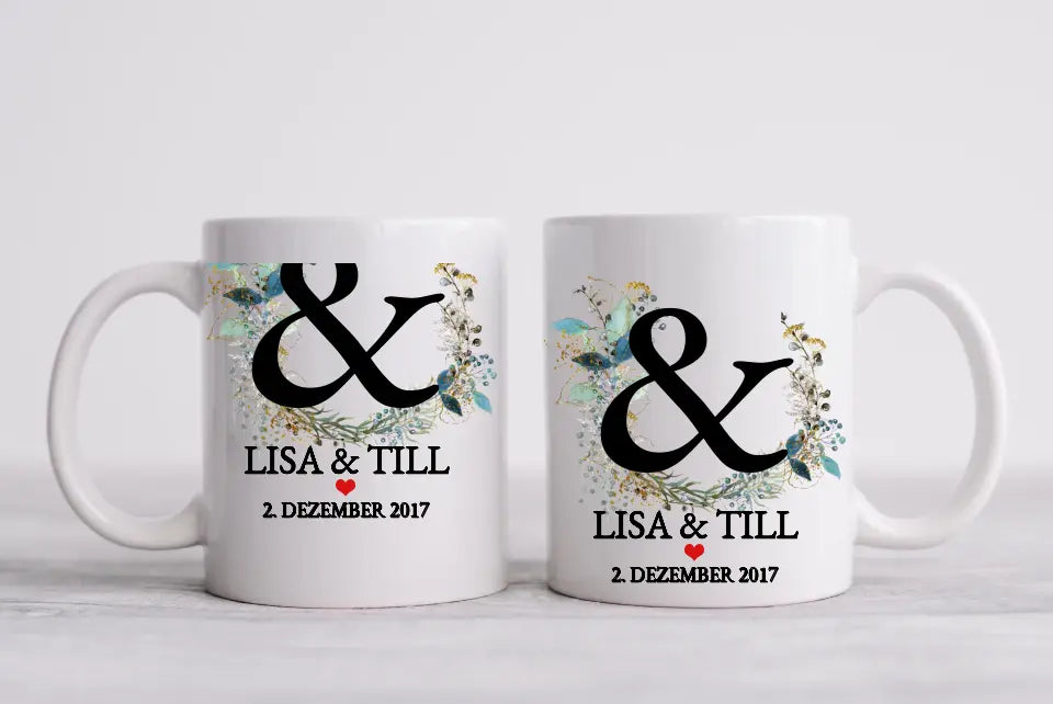 Personalisierte Hochzeitstasse Hochzeitsgeschenk Kranz Brautpaar, Kaffeebecher - Geschenk Hochzeit