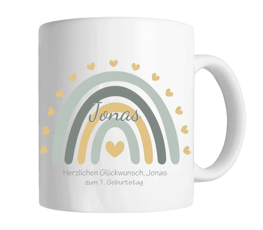 Regenbogentasse mit Wunschtext & Namen - Personalisierte Tasse Geschenk, Geburtstagsgeschenk, Weihnachtstasse, Nikolaustasse, blau