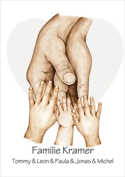 Personalisiertes Familiengeschenk als Familienposter zur Geburt & Taufe mit Hände Motiv | Namen 5 Personen | Bild Familie