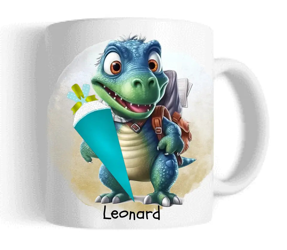 Schulkind 2024 | Einschulung Geschenk Tasse Becher Kissen Dino personalisiert | Einschulungsgeschenk | Schulbeginn 1. Klasse