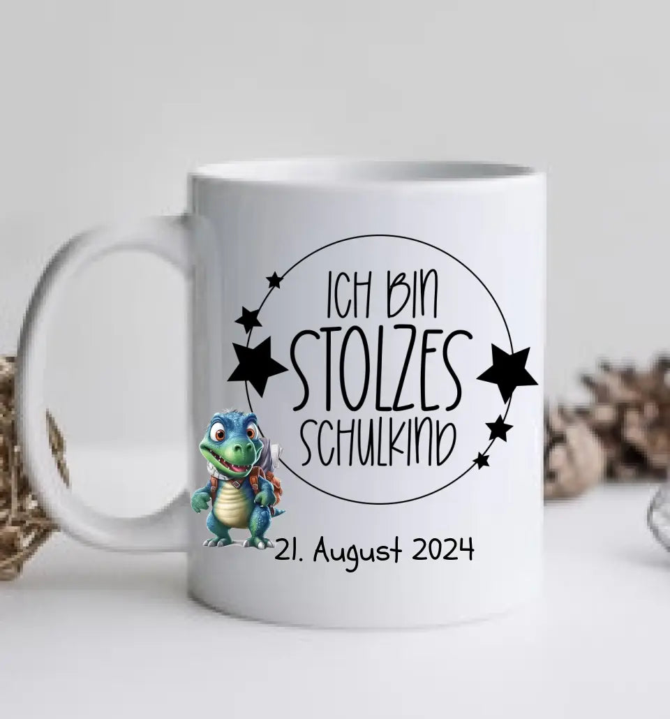 Schulkind 2024 | Einschulung Geschenk Tasse Becher Kissen Dino personalisiert | Einschulungsgeschenk | Schulbeginn 1. Klasse