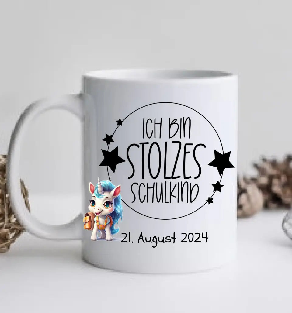 Schulkind 2024 | Einschulung Geschenk Tasse Becher Kissen Einhorn Mädchen personalisiert | Einschulungsgeschenk | Schulbeginn 1. Klasse