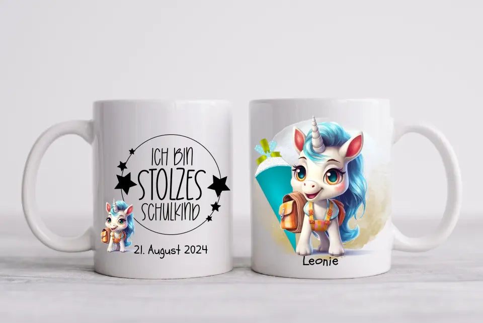 Schulkind 2024 | Einschulung Geschenk Tasse Becher Kissen Einhorn Mädchen personalisiert | Einschulungsgeschenk | Schulbeginn 1. Klasse