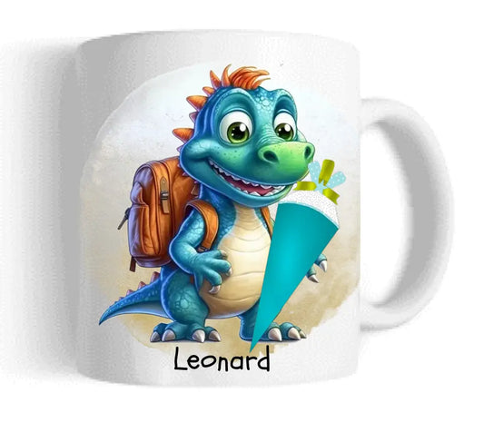 Schulkind 2024 | Einschulung Geschenk Tasse Becher Kissen Dino personalisiert | Einschulungsgeschenk | Schulbeginn 1. Klasse