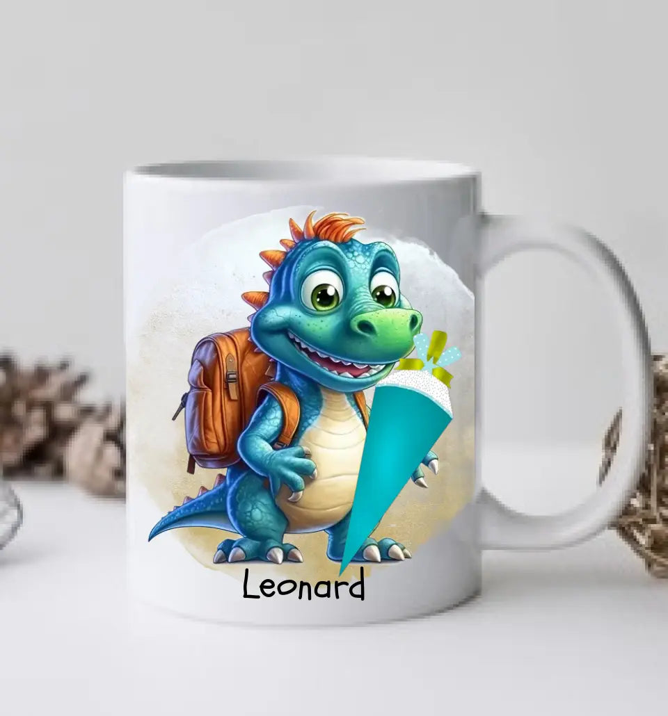 Schulkind 2024 | Einschulung Geschenk Tasse Becher Kissen Dino personalisiert | Einschulungsgeschenk | Schulbeginn 1. Klasse