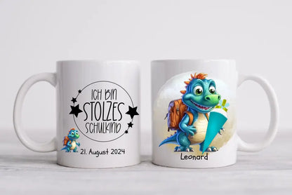 Schulkind 2024 | Einschulung Geschenk Tasse Becher Kissen Dino personalisiert | Einschulungsgeschenk | Schulbeginn 1. Klasse