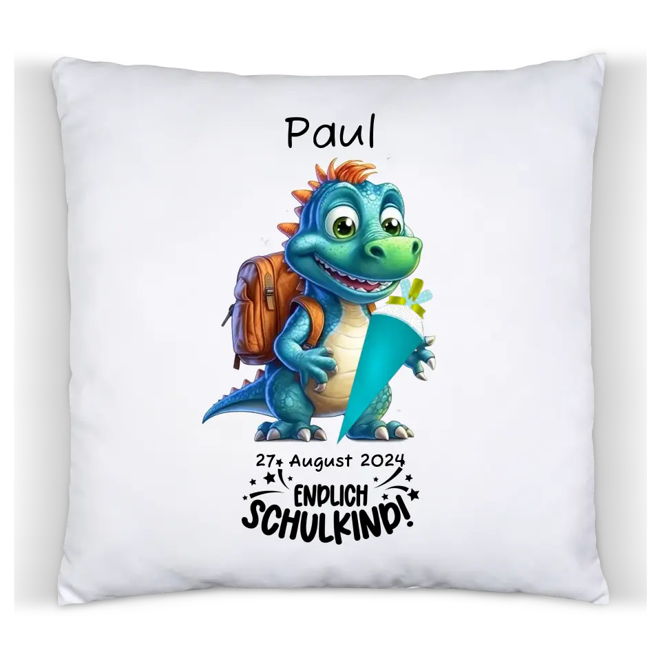 Schulkind 2024 | Einschulung Geschenk Tasse Becher Kissen Dino personalisiert | Einschulungsgeschenk | Schulbeginn 1. Klasse