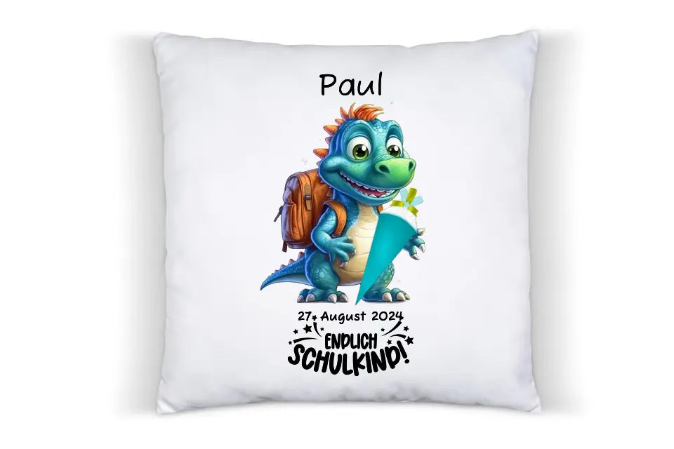 Schulkind 2024 | Einschulung Geschenk Tasse Becher Kissen Dino personalisiert | Einschulungsgeschenk | Schulbeginn 1. Klasse