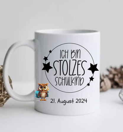 Schulkind 2024 | Einschulung Geschenk Kinder Tasse Becher Kissen Eule personalisiert | Einschulungsgeschenk | Schulbeginn 1. Klasse