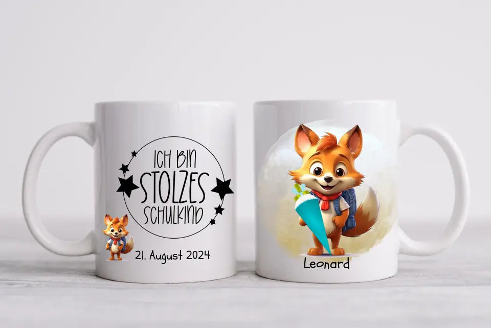 Schulkind 2024 | Einschulung Geschenk Tasse Becher Kissen Fuchs personalisiert | Einschulungsgeschenk