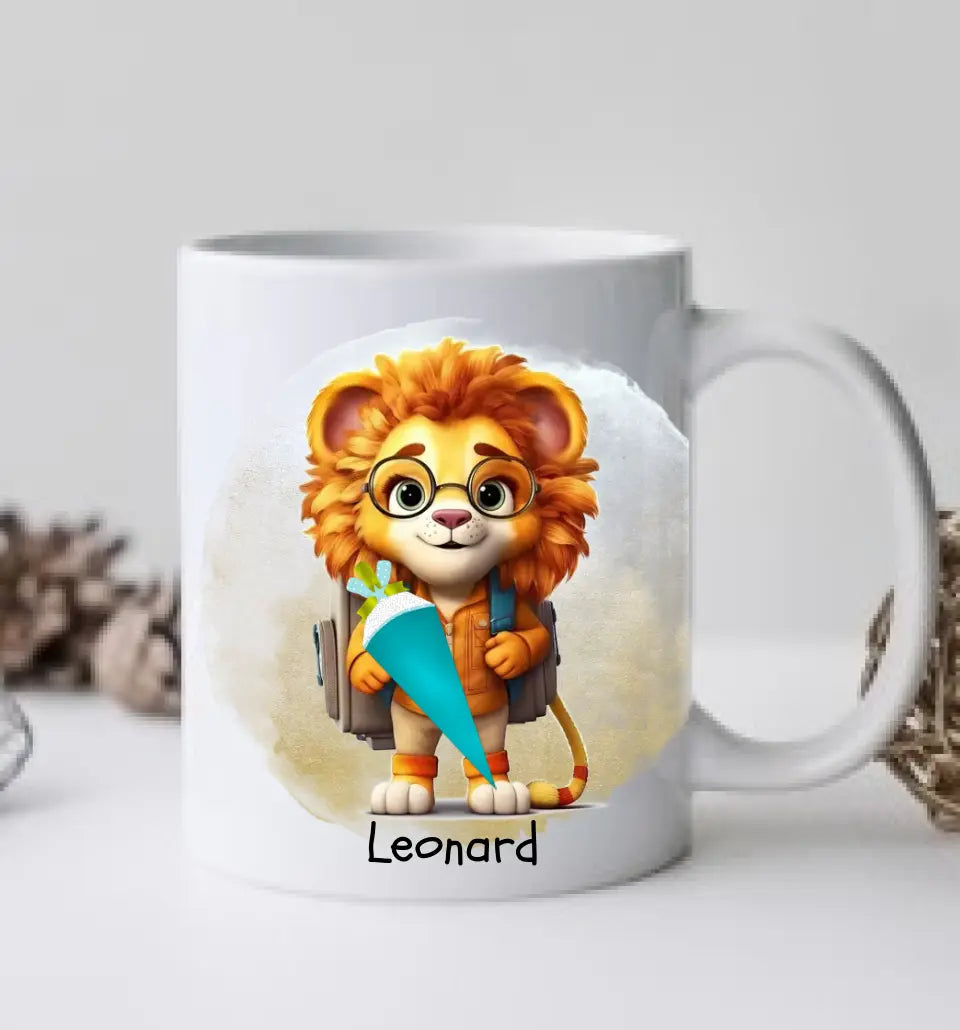 Schulkind 2024 | Geschenk zur Einschulung Tasse Becher Kissen Löwe personalisiert | Einschulungsgeschenk