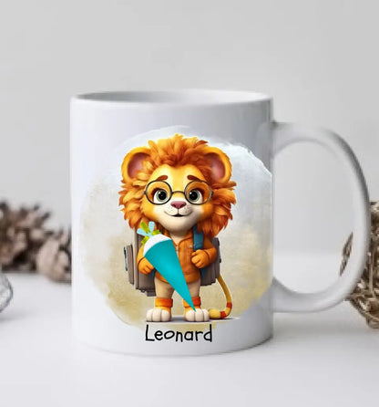 Schulkind 2024 | Geschenk zur Einschulung Tasse Becher Kissen Löwe personalisiert | Einschulungsgeschenk