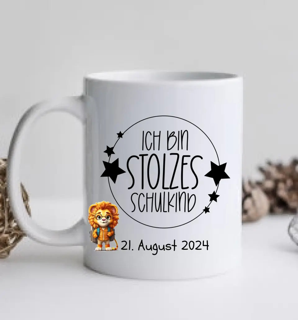 Schulkind 2024 | Geschenk zur Einschulung Tasse Becher Kissen Löwe personalisiert | Einschulungsgeschenk