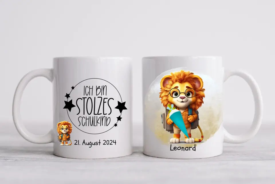 Schulkind 2024 | Geschenk zur Einschulung Tasse Becher Kissen Löwe personalisiert | Einschulungsgeschenk