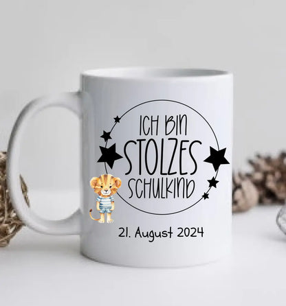 Schulkind 2024 | Einschulung Geschenk Kindertasse Becher Kissen Löwe für Junge & Mädchen personalisiert | Einschulungsgeschenk | Schulbeginn 1. Klasse