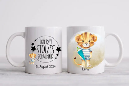 Schulkind 2024 | Einschulung Geschenk Kindertasse Becher Kissen Löwe für Junge & Mädchen personalisiert | Einschulungsgeschenk | Schulbeginn 1. Klasse