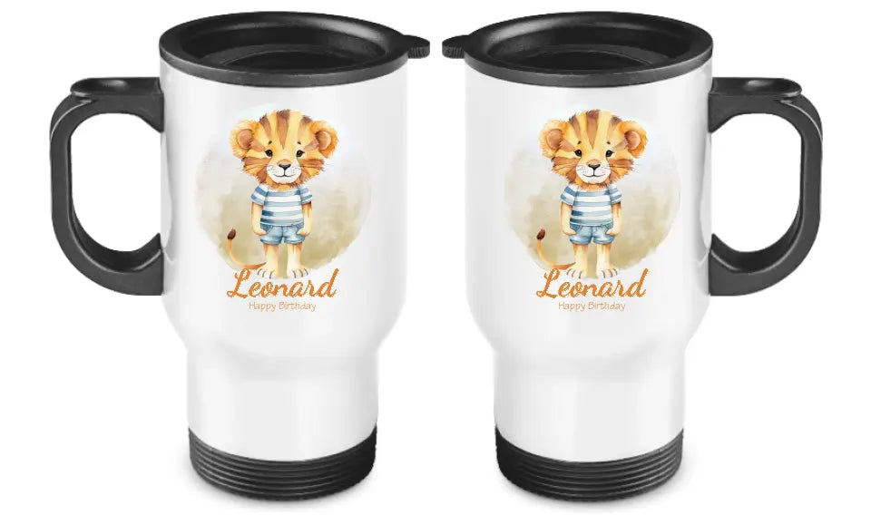 Personalisierter Becher aus Edelstahl mit Löwe, Namen und Text | Kinderbecher Geschenk Einschulung & Geburtstag | Edelstahl-Thermobecher für Kinder personalisiert