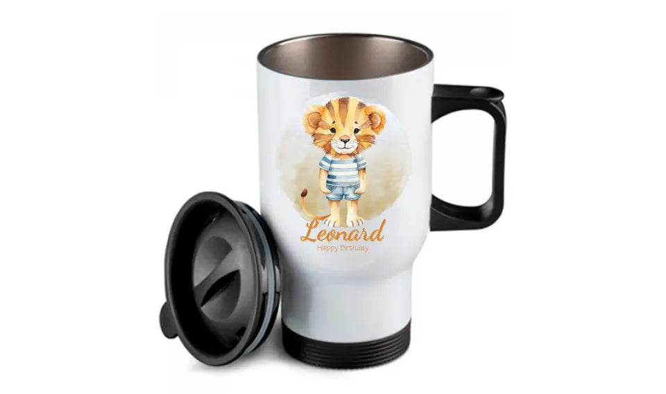 Personalisierter Becher aus Edelstahl mit Löwe, Namen und Text | Kinderbecher Geschenk Einschulung & Geburtstag | Edelstahl-Thermobecher für Kinder personalisiert