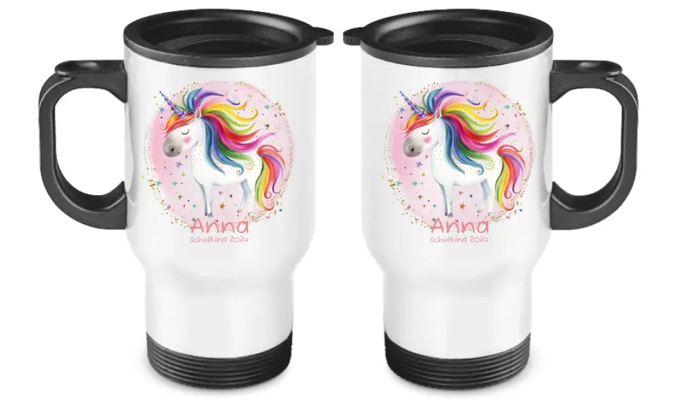 Personalisierter Kinder Becher aus Edelstahl mit Einhorn, Namen und Text | Kinderbecher Geschenk Einschulung & Geburtstag | Edelstahl-Thermobecher für Kinder personalisiert