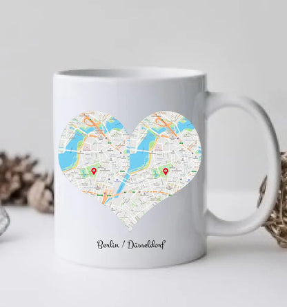 Hochzeitsgeschenk Personalisierte Tasse mit Herz - Wo alles begann - 2 Orte - Kennenlernorte